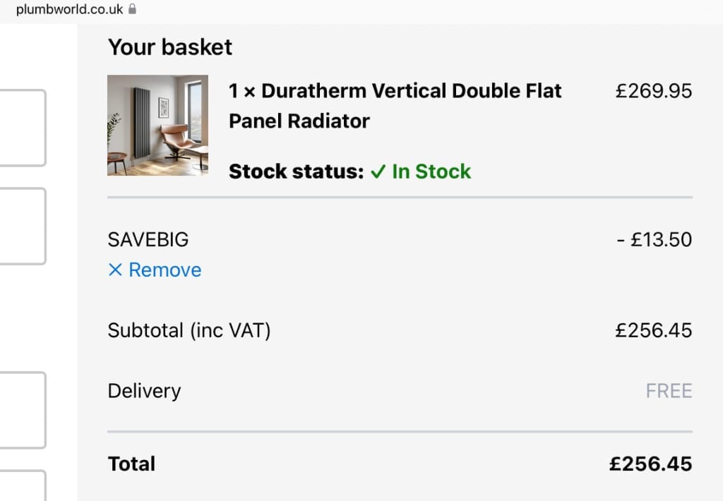 Screenshot of the Plumbworld discount code working