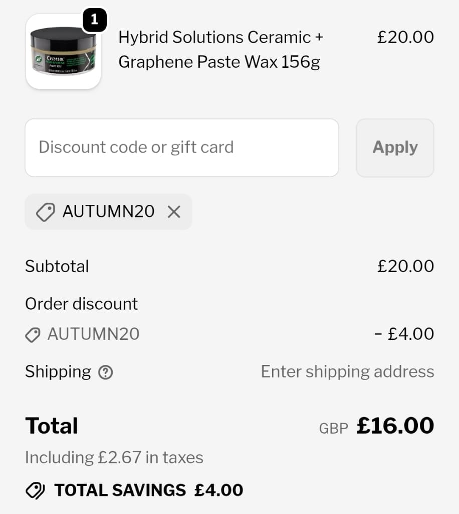 Screenshot of the Turtlewax discount code working