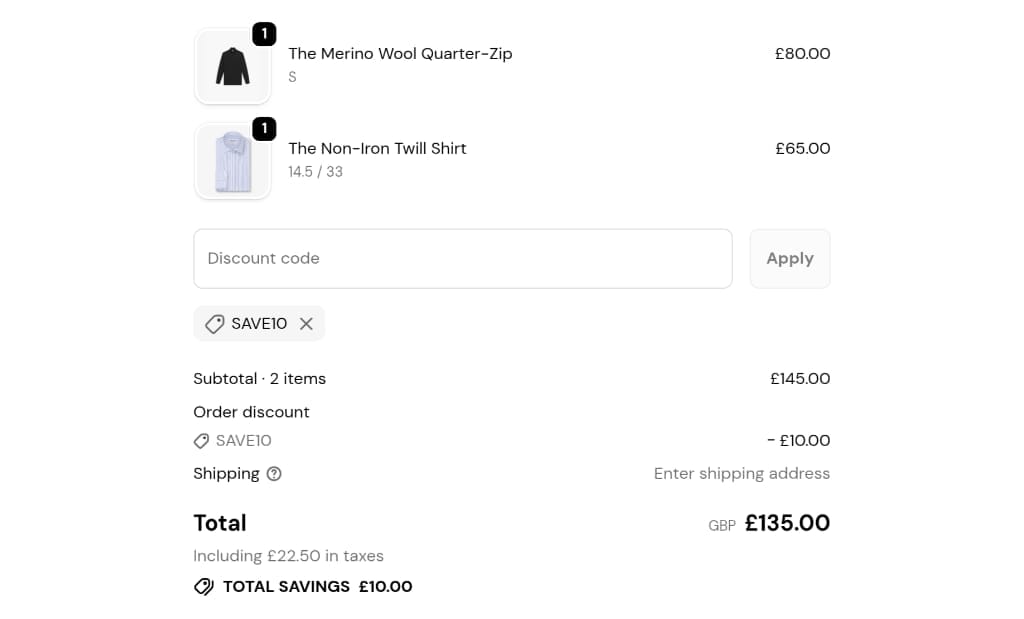 Screenshot of the TM Lewin discount code working