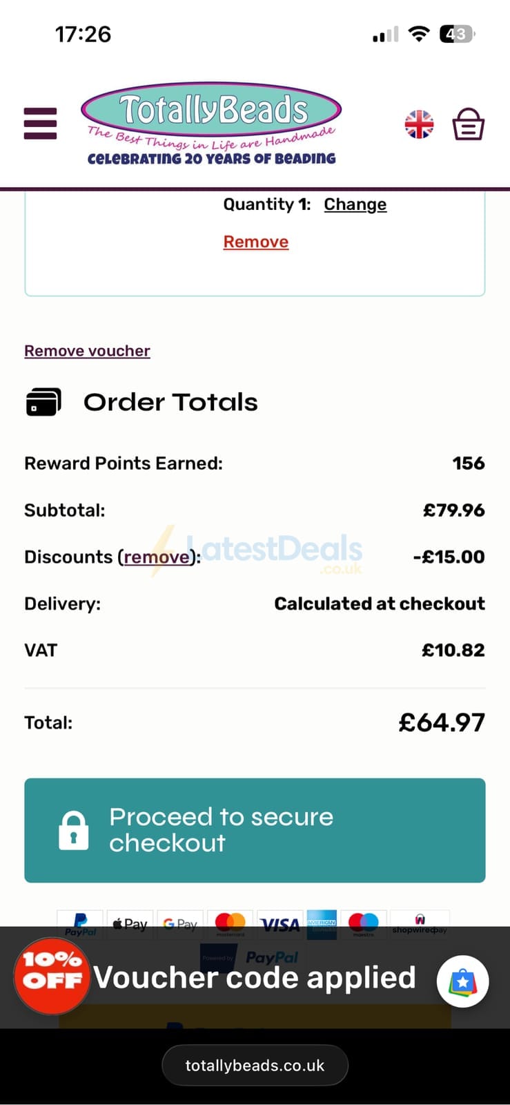 Screenshot of the Totally Beads discount code working