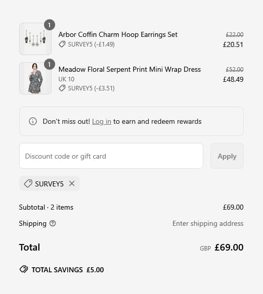 Screenshot of the Disturbia discount code working