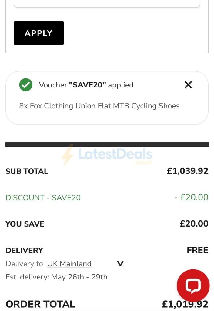 Screenshot of the Tredz Limited discount code working
