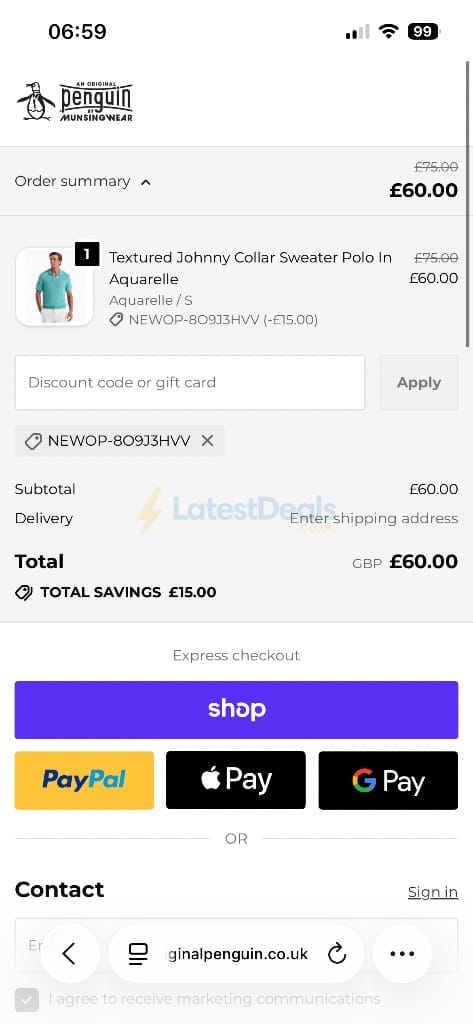 Screenshot of the Original Penguin discount code working
