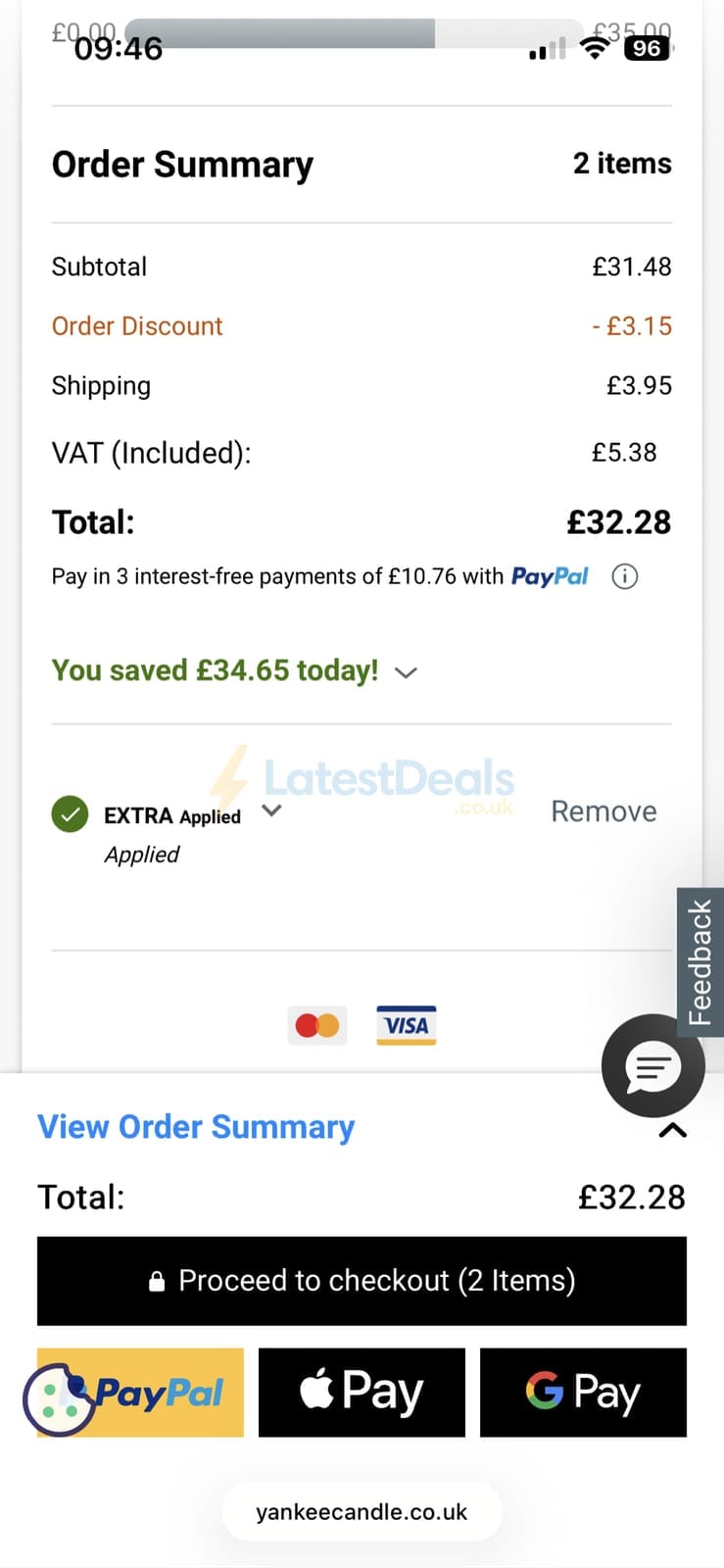 Screenshot of the Yankee Candle discount code working