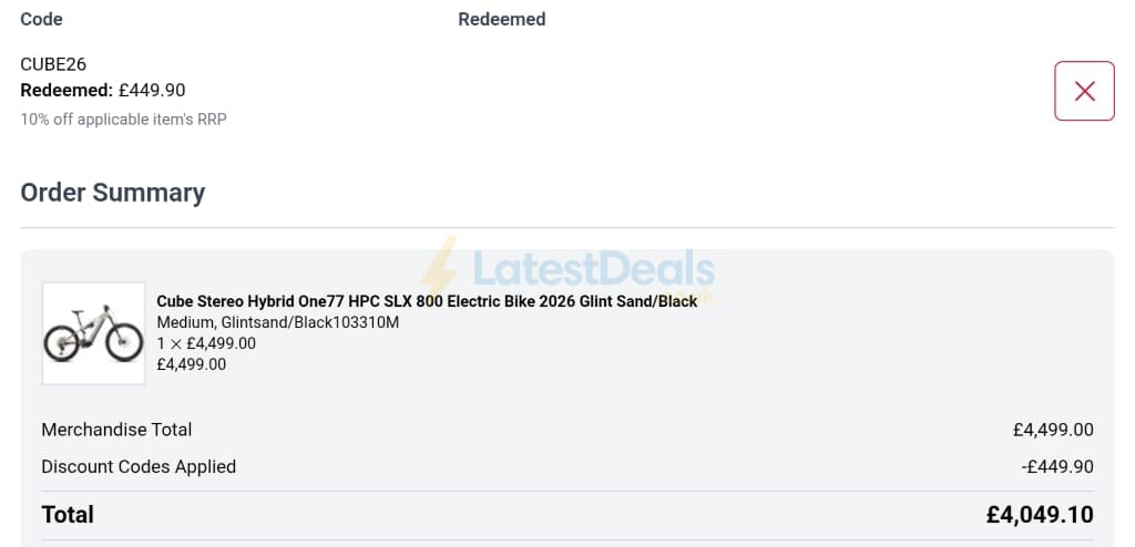 Screenshot of the Paul's Cycles discount code working