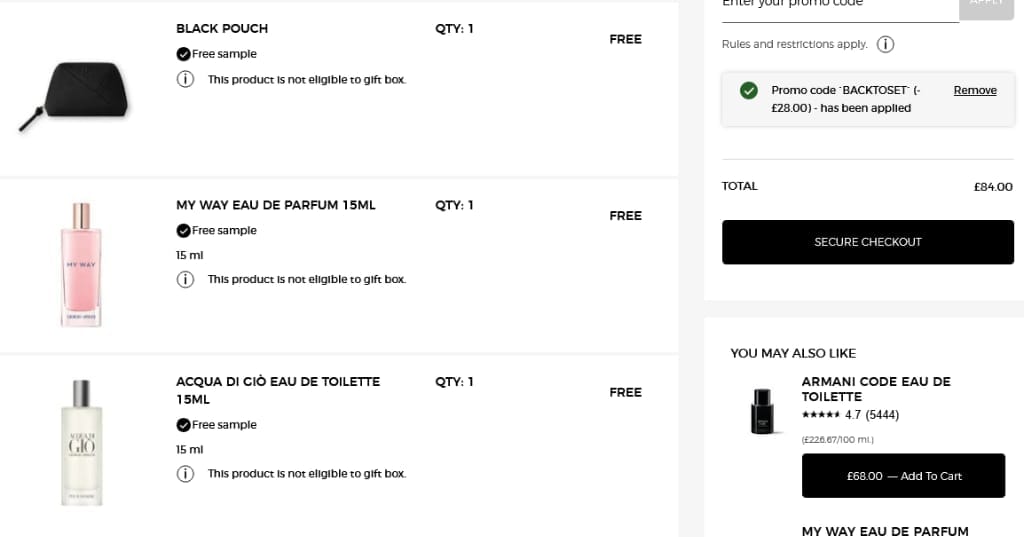 Screenshot of the Armani Beauty discount code working