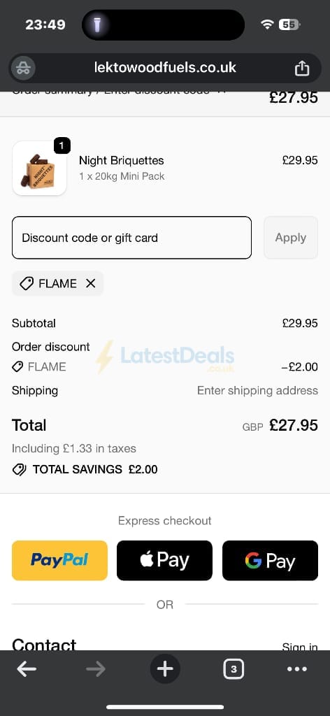 Screenshot of the Lekto Wood Fuels discount code working