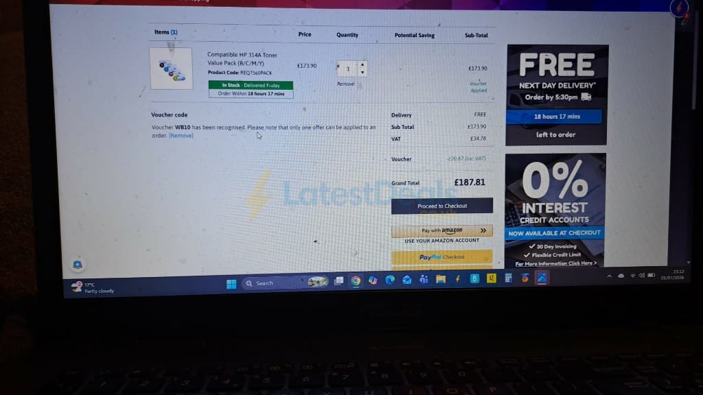 Screenshot of the Toner Giant discount code working