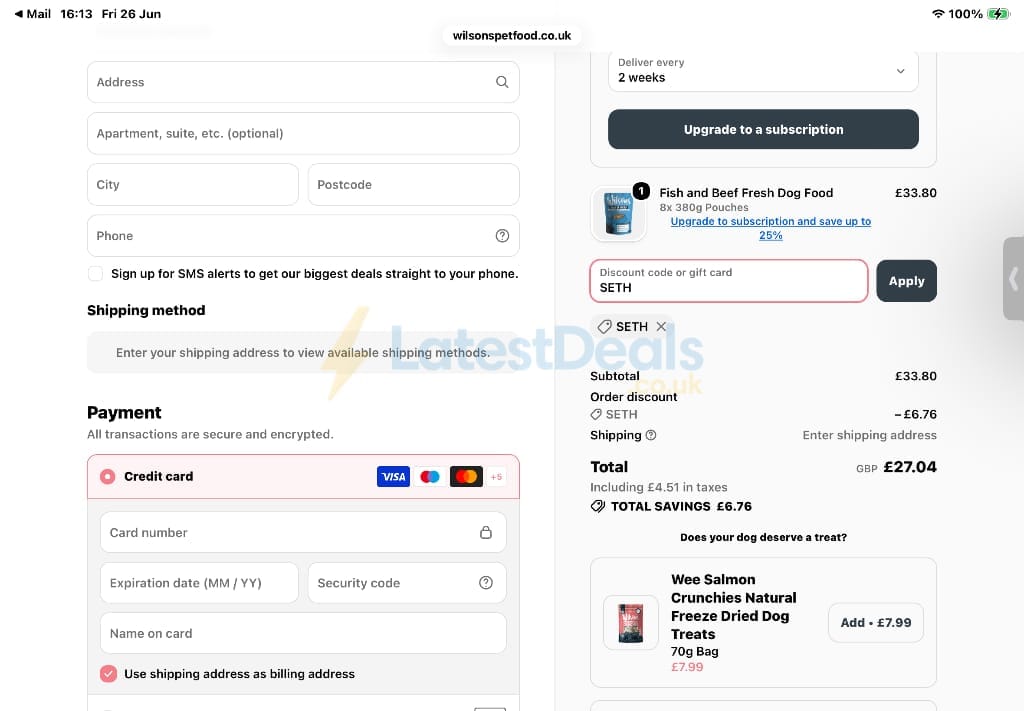 Screenshot of the Wilsons Pet Food discount code working