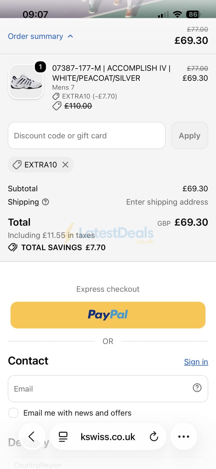 Screenshot of the K Swiss discount code working