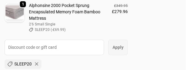 Screenshot of the Divan Base Direct discount code working