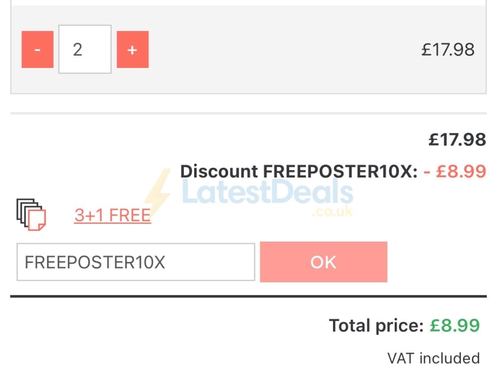 Screenshot of the UKposters discount code working