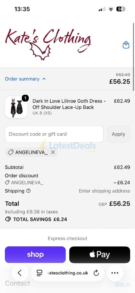 Screenshot of the Kate's Clothing discount code working