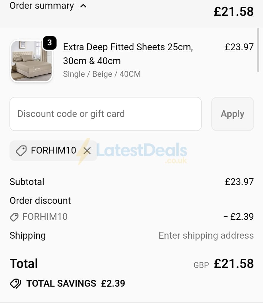 Screenshot of the Yorkshire Bedding discount code working