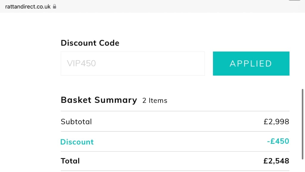 Screenshot of the Rattan Direct discount code working