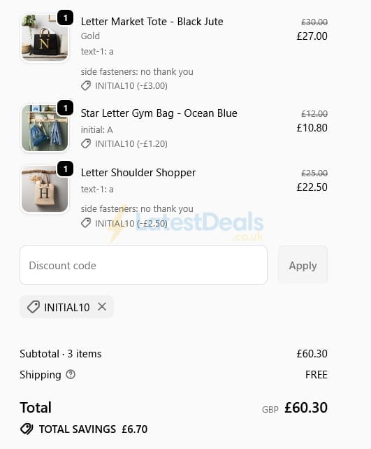 Screenshot of the Tillyanna discount code working