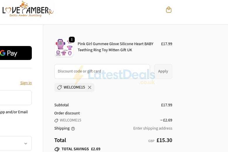 Screenshot of the Love Amber X discount code working