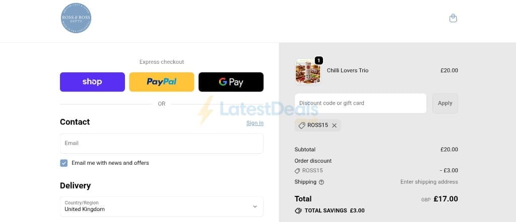Screenshot of the Ross & Ross Gifts discount code working