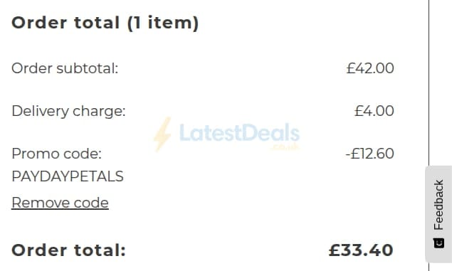 Screenshot of the Flying Flowers discount code working