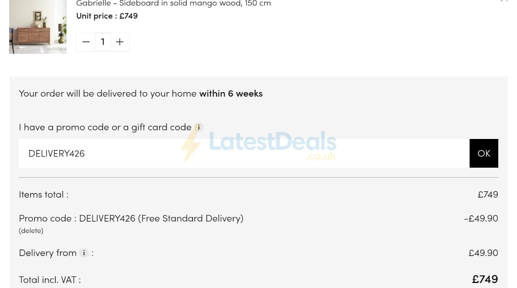 Screenshot of the Tikamoon discount code working