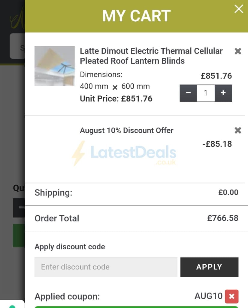 Screenshot of the Newblinds.co.uk discount code working