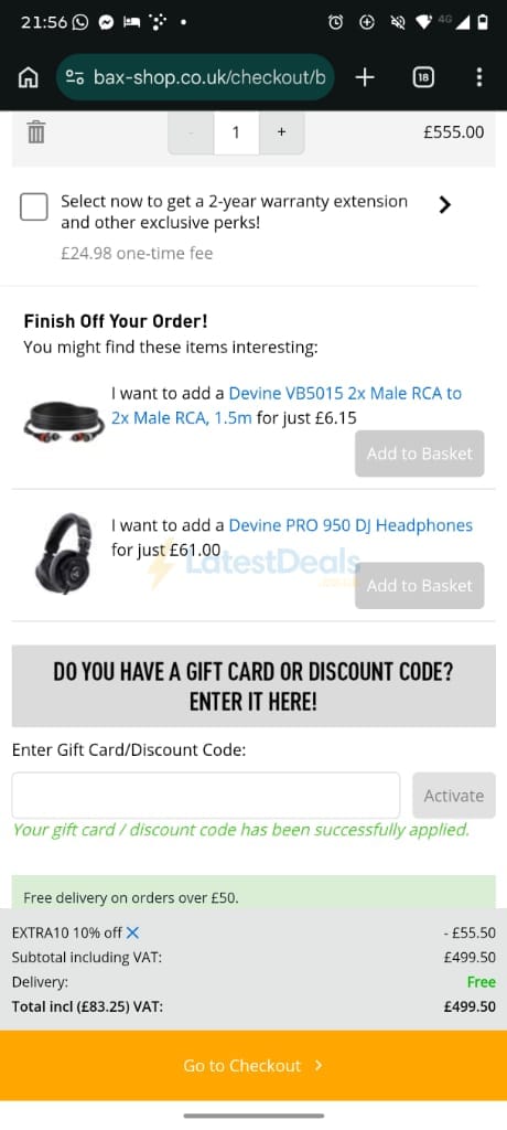 Screenshot of the Bax Music discount code working