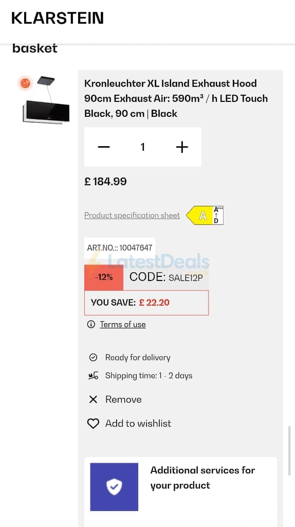 Screenshot of the Klarstein discount code working