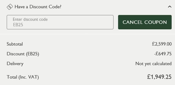 Screenshot of the White Stores discount code working