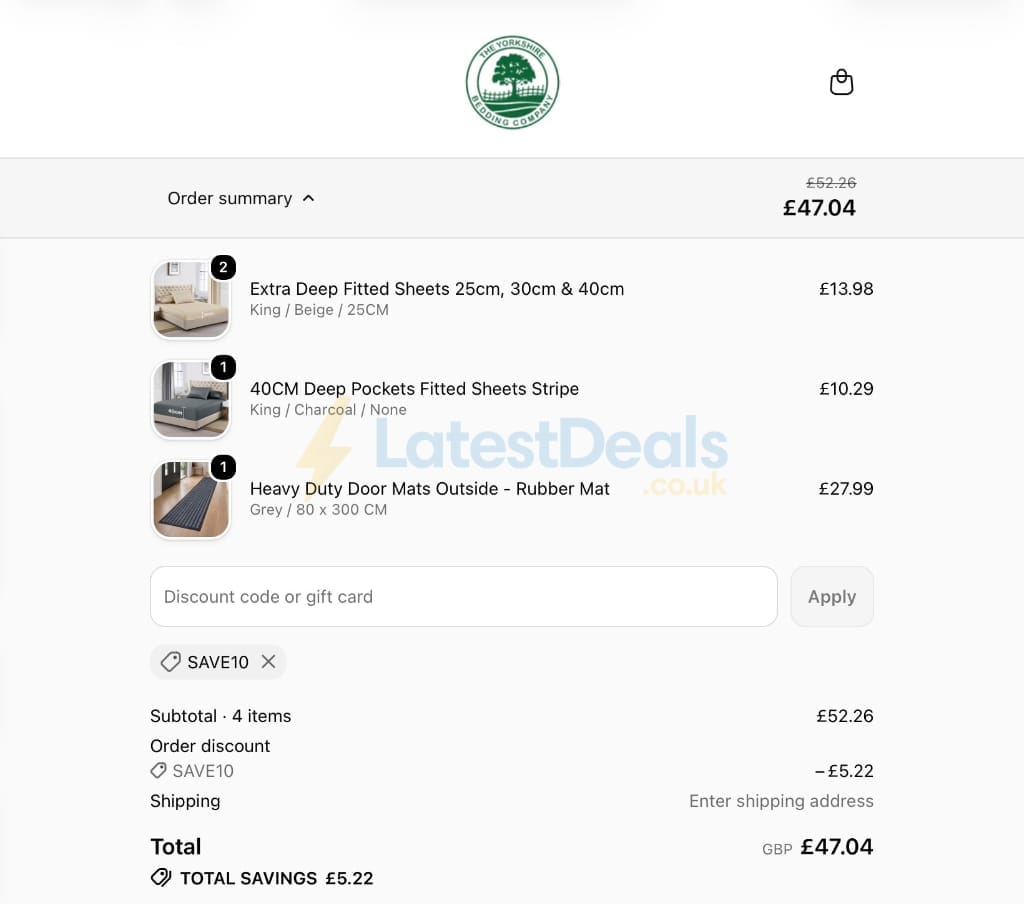 Screenshot of the Yorkshire Bedding discount code working