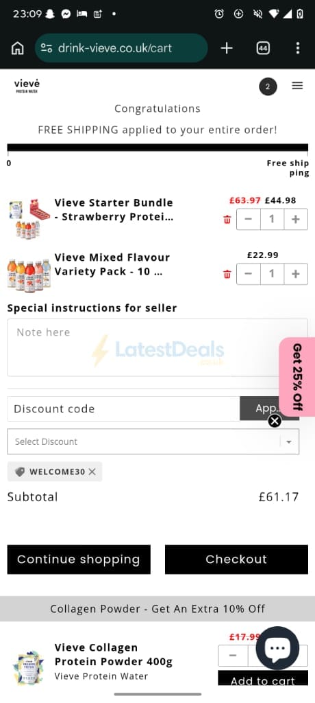 Screenshot of the Vieve discount code working