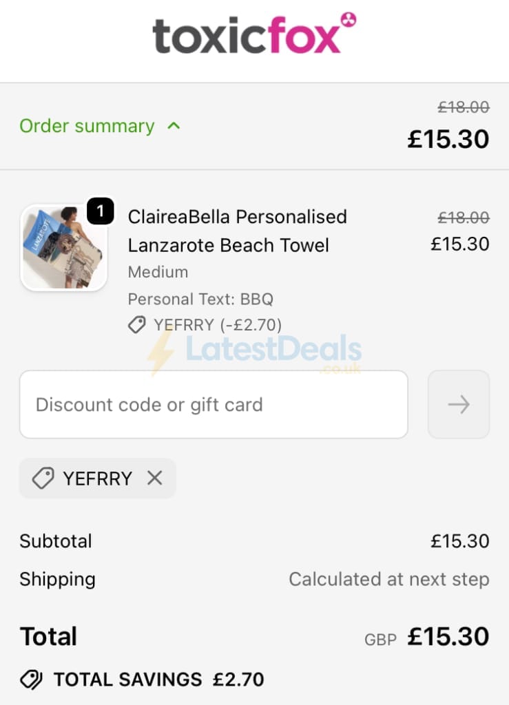 Screenshot of the Toxicfox discount code working