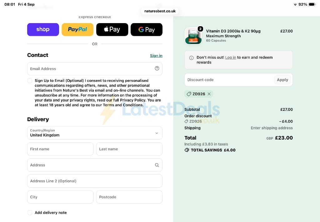 Screenshot of the Nature's Best discount code working