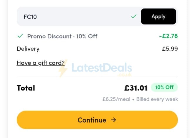 Screenshot of the Prep Kitchen discount code working