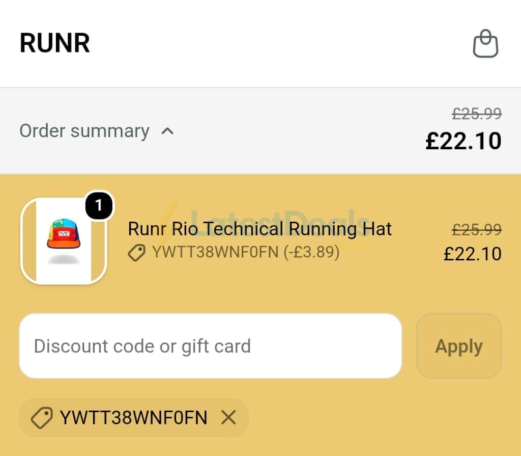 Screenshot of the Runr discount code working