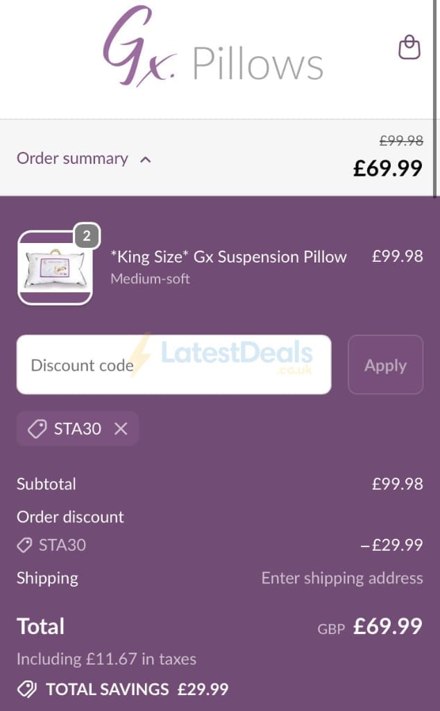Screenshot of the Gx Pillows discount code working