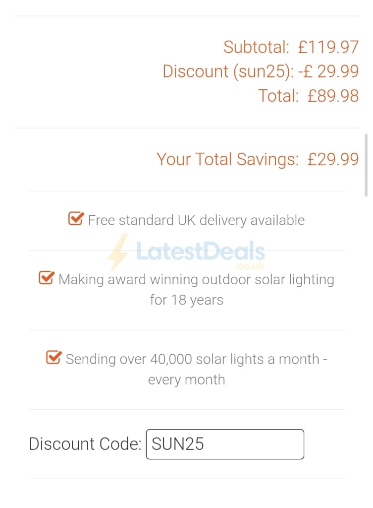 Screenshot of the Solar Centre discount code working