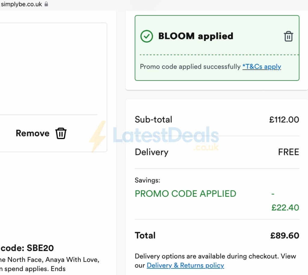 Screenshot of the Simply Be discount code working