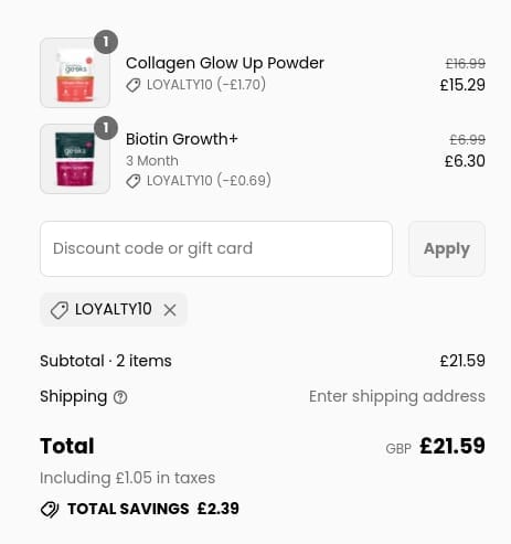 Screenshot of the Nutrition Geeks discount code working