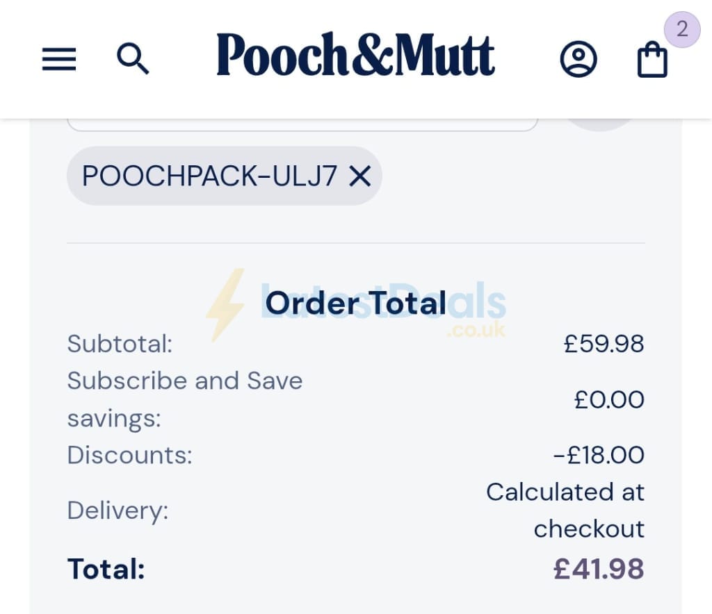 Screenshot of the Pooch & Mutt discount code working