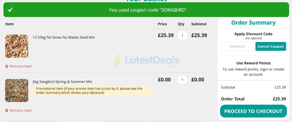 Screenshot of the Love Garden Birds discount code working