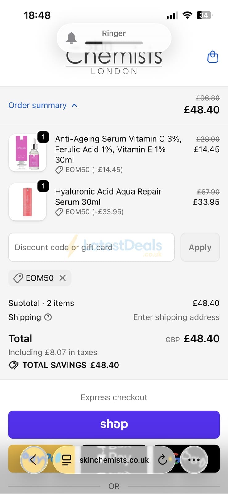 Screenshot of the skinChemists discount code working