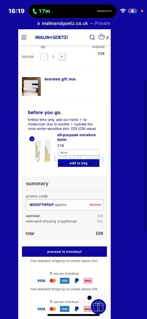 Screenshot of the Malin + Goetz discount code working