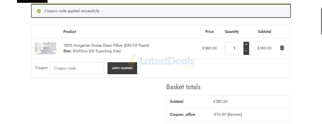 Screenshot of the The Duvet Store discount code working