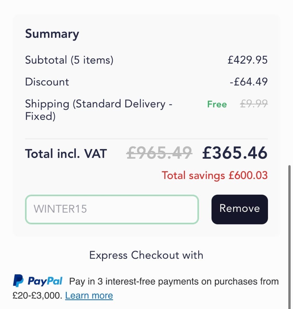 Screenshot of the Swift Direct Blinds discount code working