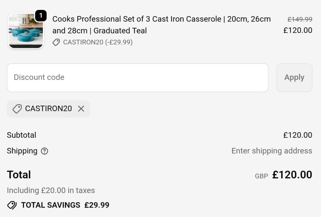Screenshot of the Cooks Professional discount code working