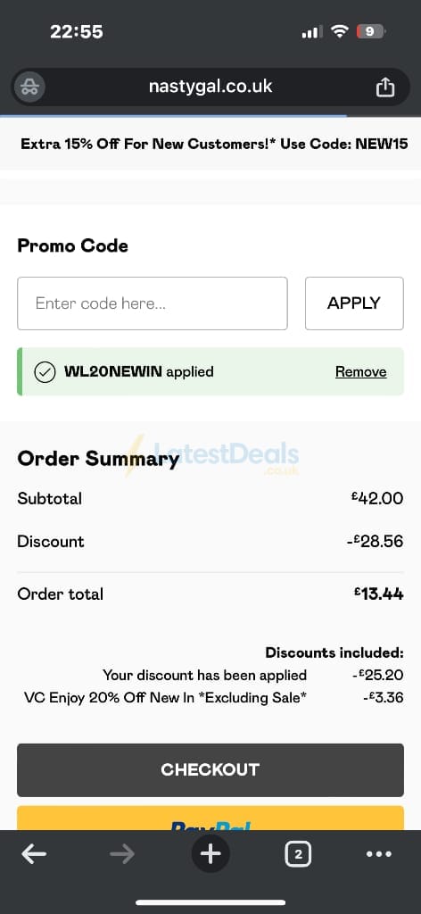 Screenshot of the Nasty Gal discount code working