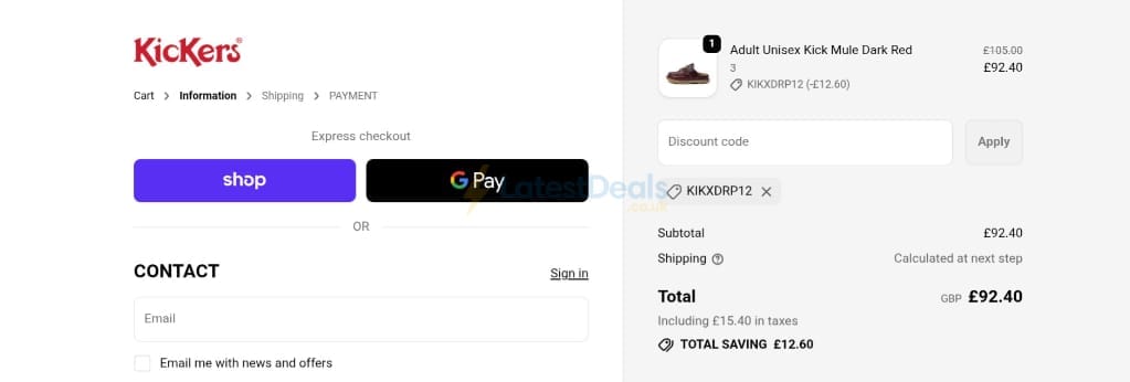 Screenshot of the Kickers discount code working