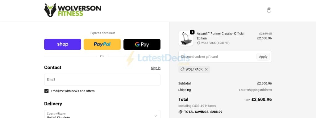 Screenshot of the Wolverson Fitness discount code working