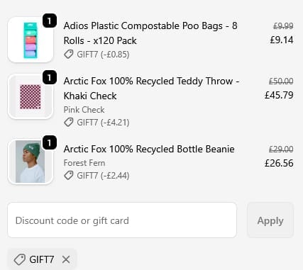 Screenshot of the Plastic Freedom discount code working
