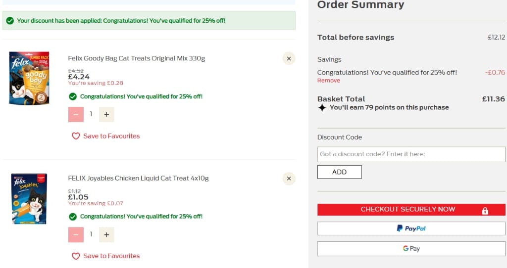 Screenshot of the Purina discount code working